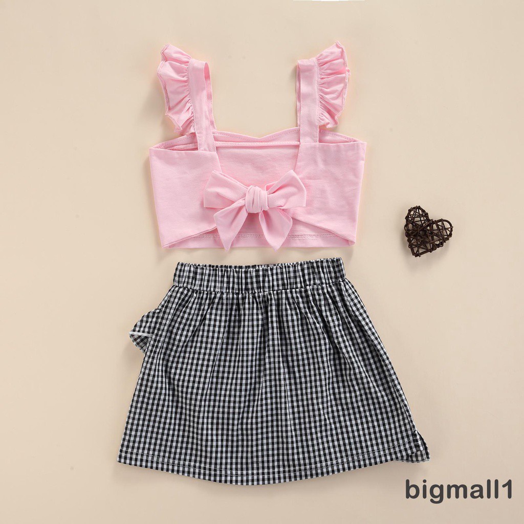 Set Áo Croptop Không Tay + Chân Váy Lưng Thun Họa Tiết Sọc Caro Màu Sắc Thời Trang Mùa Hè Cho Bé 3-8 Tuổi
