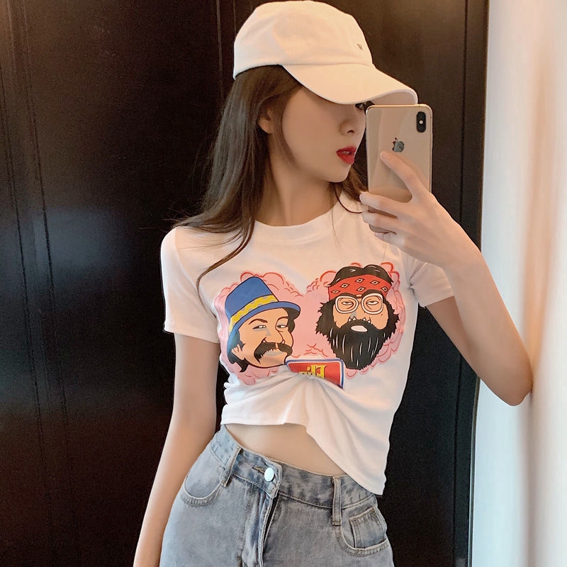 Áo Croptop Ngắn Tay In Họa Tiết Xinh Xắn Dành Cho Nữ