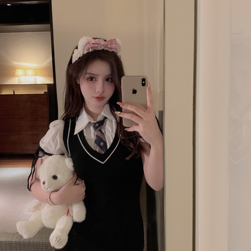 Đầm Perty cổ bẻ giả hai lớp phong cách Hàn Quốc dễ thương cho nữ