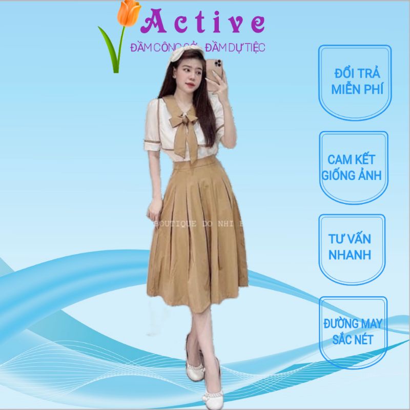 Sét váy xòe tiểu thư lưng cao phối áo sơ mi cổ cột nơ lớn Active, mặc đi làm công sở đi tiệc xinh xắn