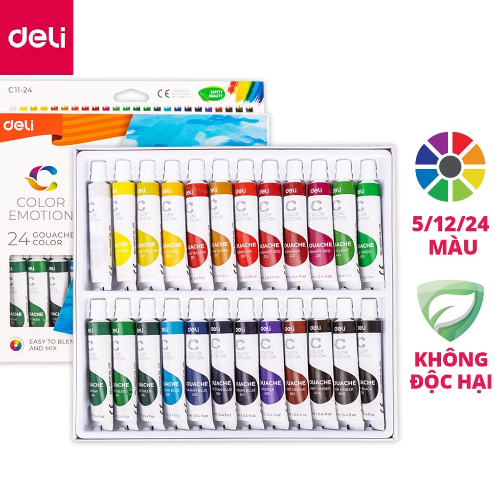 Màu bột Gouache dạng tuýp nước 12ml Deli - 5/12/24 màu - EC11