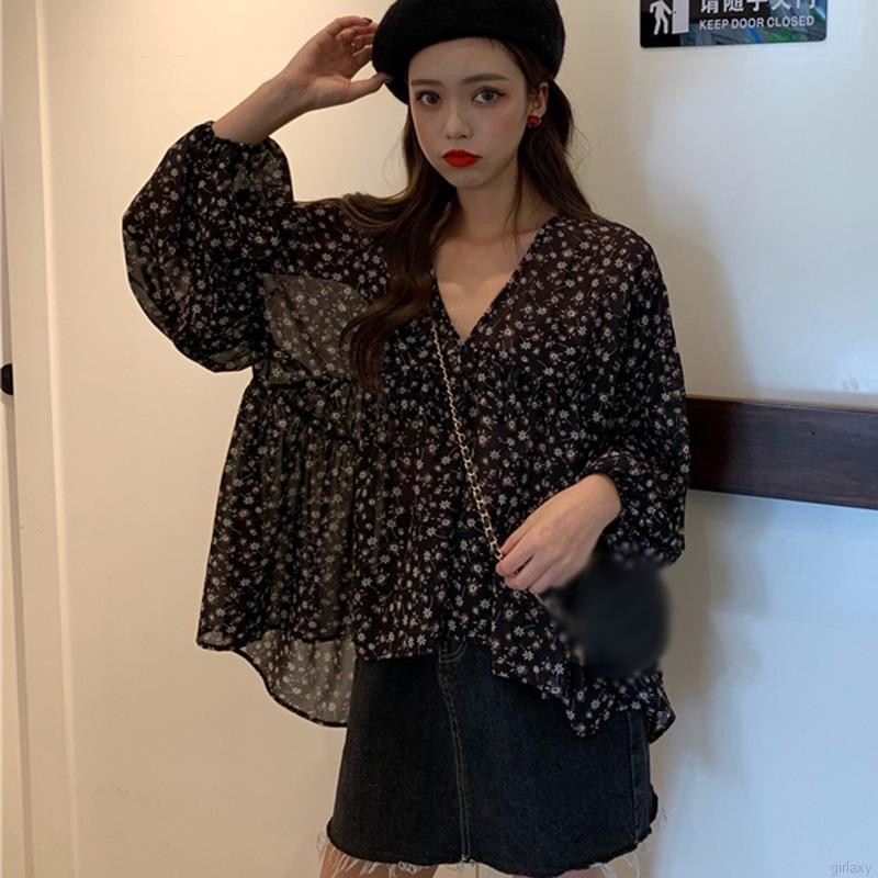 Áo Sơ Mi Chiffon Tay Dài Cổ Chữ V Dáng Rộng In Họa Tiết Hoa Đơn Giản Ngọt Ngào Kiểu Hàn Quốc