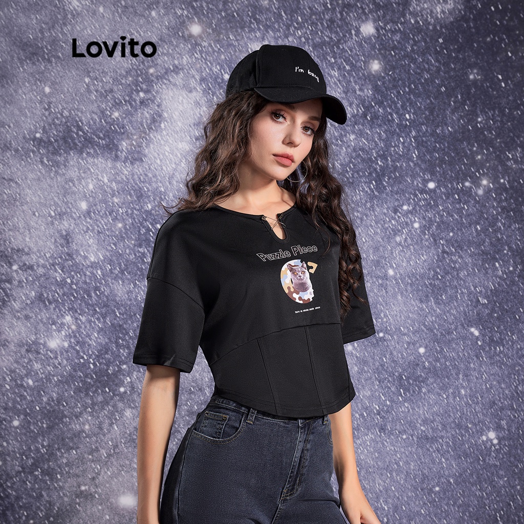 Lovito STAR GIRL Preppy Animal Pyrograph Pin Keyhole Đường viền cổ áo nữ Áo phông L32AE040 (Đen)