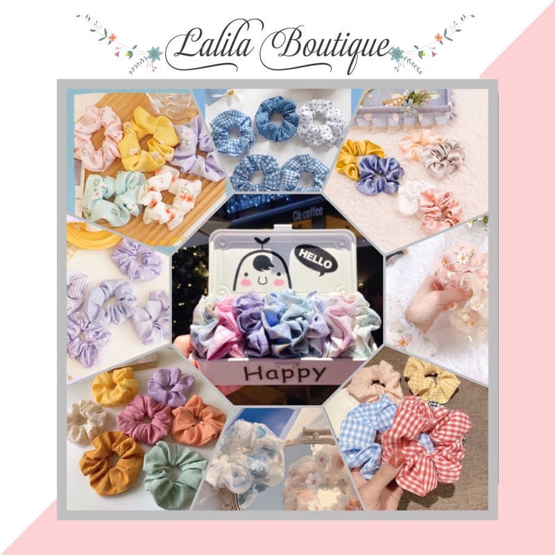 Combo 10 Dây Buộc Scrunchies Dễ Thương Màu Ngẫu Nhiên Kèm Túi