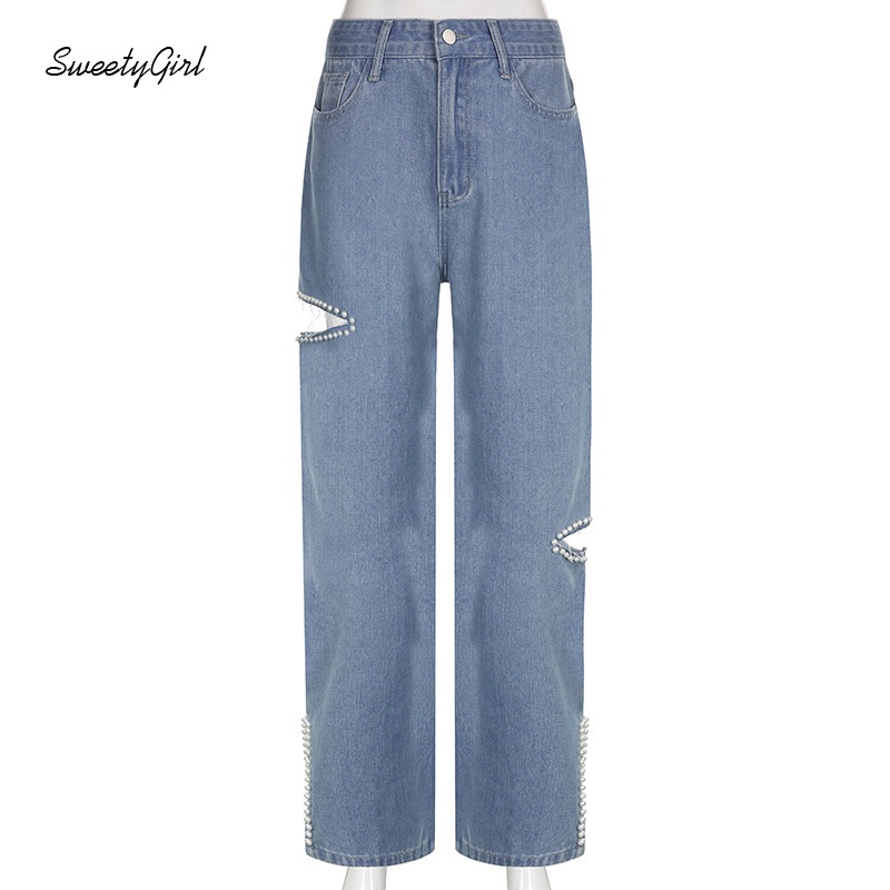 Quần Jeans Dài Lưng Cao Màu Sắc Trơn Đính Ngọc Trai Xinh Xắn Dành Cho Nữ