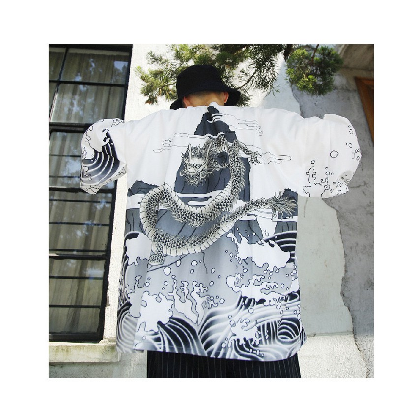 Áo Khoác Cardigan Nam Nữ dáng Kimono Haori Cá KOI Cá Chép màu đen trắng phong cách Nhật Bản Cosplay cho các tín đồ Anime
