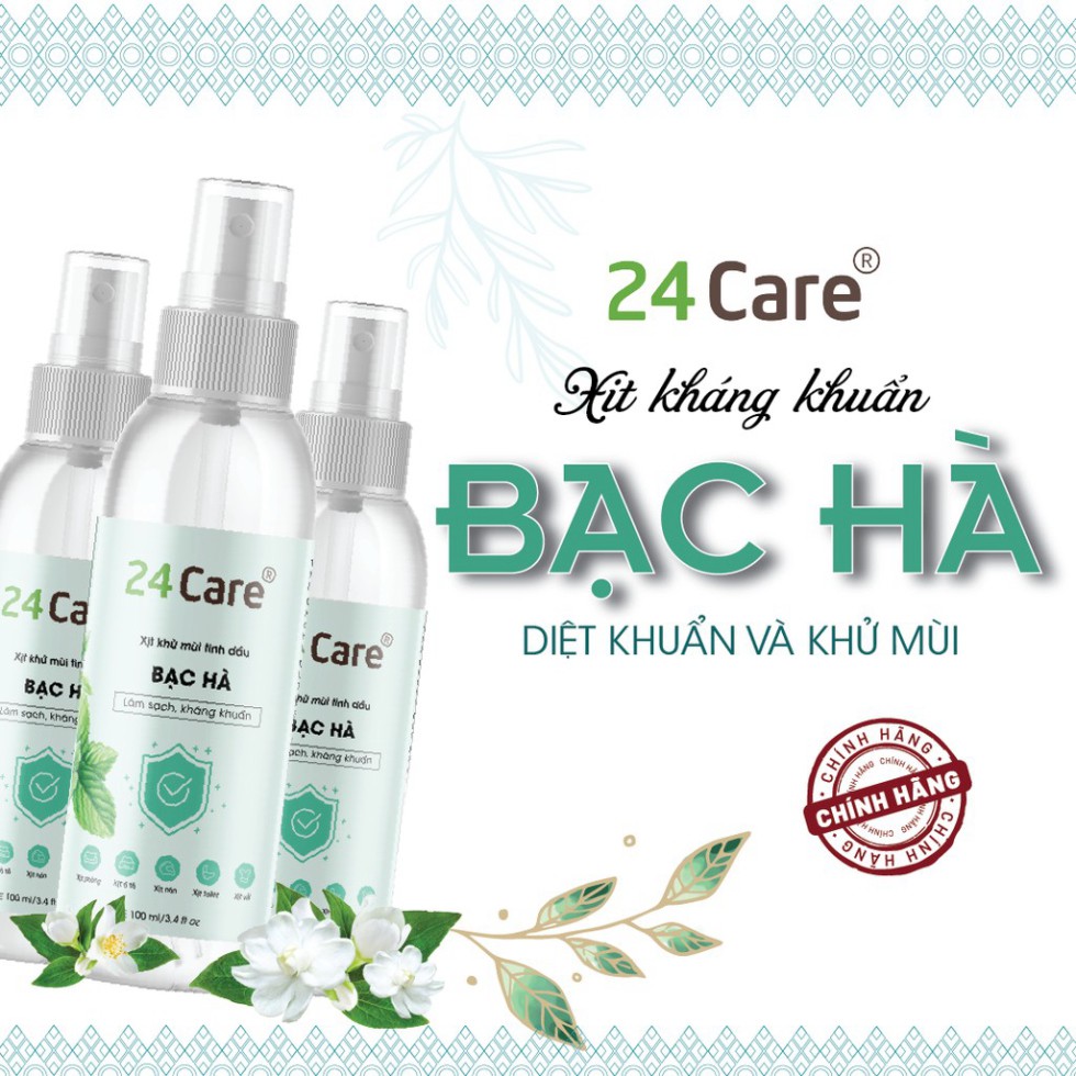 Xịt Phòng Tinh Dầu Bạc Hà Hữu Cơ Organic 24Care 50ML - Kháng khuẩn - Khử mùi hôi - Đuổi muỗi - côn trùng - Tập trung