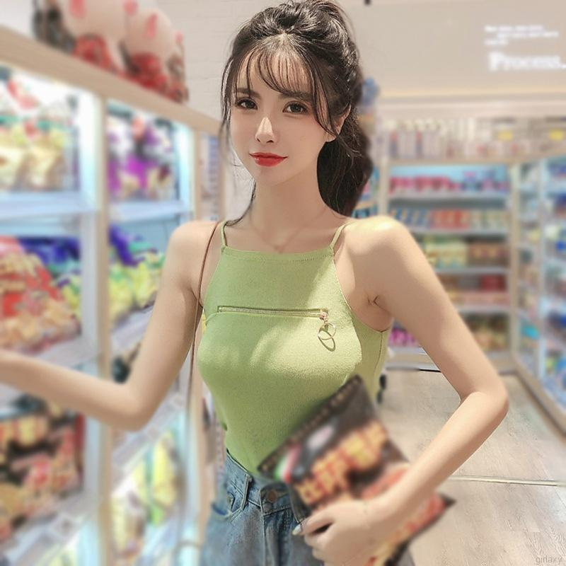 Áo Hai Dây Dệt Kim Màu Trơn Phối Khóa Kéo Thời Trang Hàn Quốc Quyến Rũ Cho Nữ