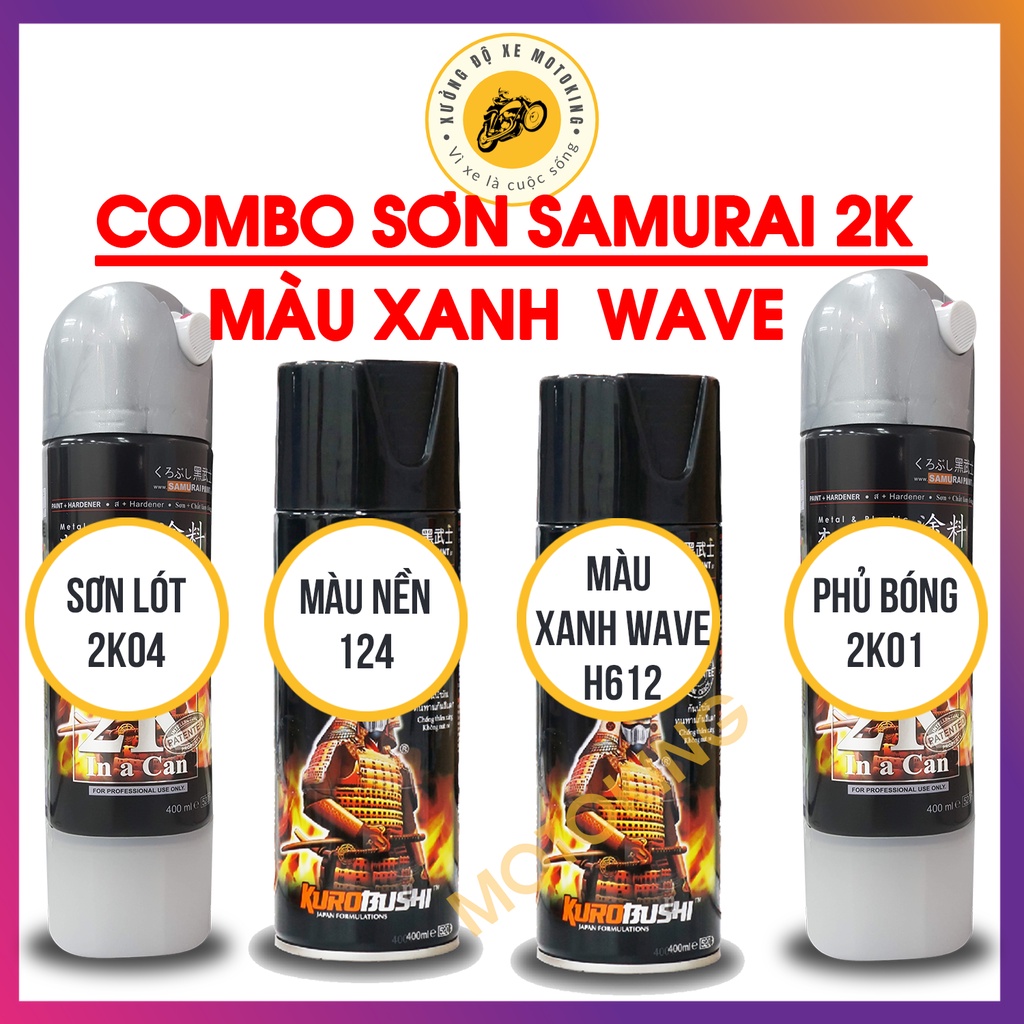 Combo - Sơn Samurai màu xanh wave H612 loại 2K chuẩn quy trình độ bền 5 năm gồm 4 chai  2K04 - 124 - H612 - 2K01