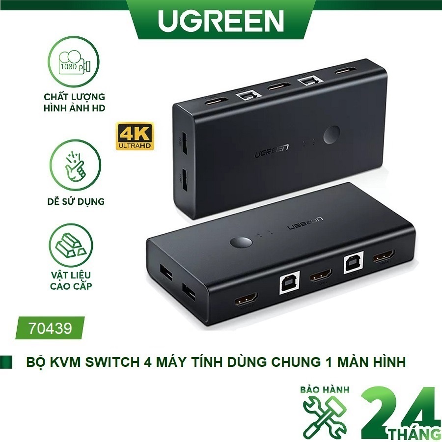 Bộ gộp KVM Switch HDMI 2.0 4 máy tính dùng chung 1 màn hình hỗ trợ 4K/60Hz chính hãng Ugreen 70439 cao cấp
