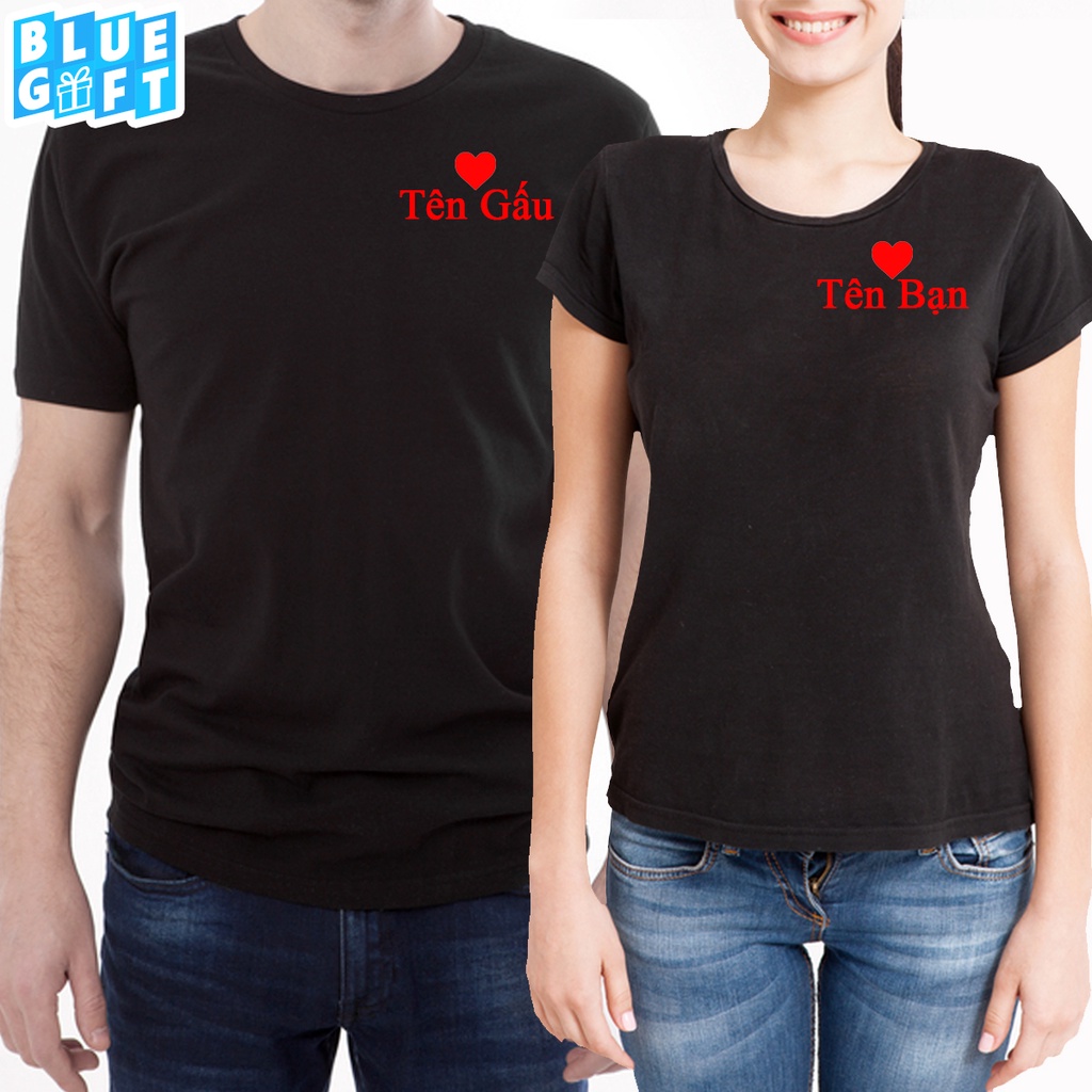 (16 Màu) Áo Thun Unisex, Áo Cặp In Trái Tim Và Tên Cá Nhân, Áo Phông Nam Nữ, Chất Thun Cotton Mềm Mịn - Blue Gift