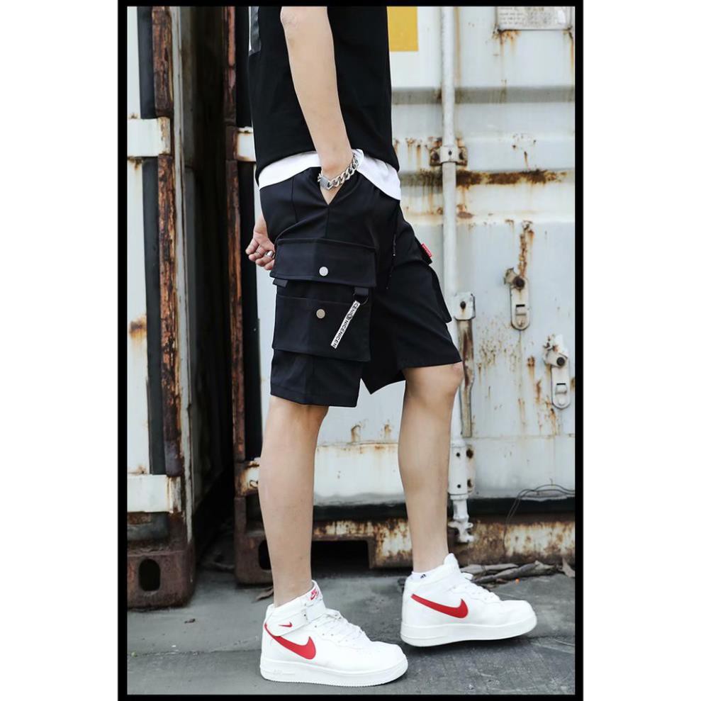 ⚡️VẢI ĐẸP - ẢNH THẬT⚡️Quần short Túi Hộp Pant phản quang phối dây Unisex, QUẦN ĐÙI LỮNG NAM NỮ CHẤT KAKI ĐEN ་