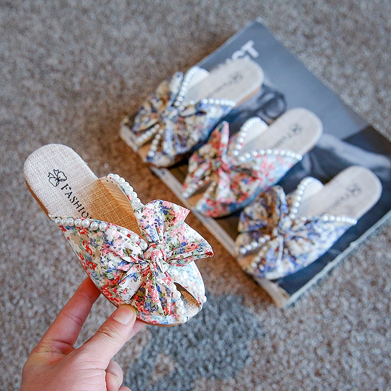 Dép xỏ ngón đính nơ và ngọc trai dễ thương cho bé gái 3-18 tuổi