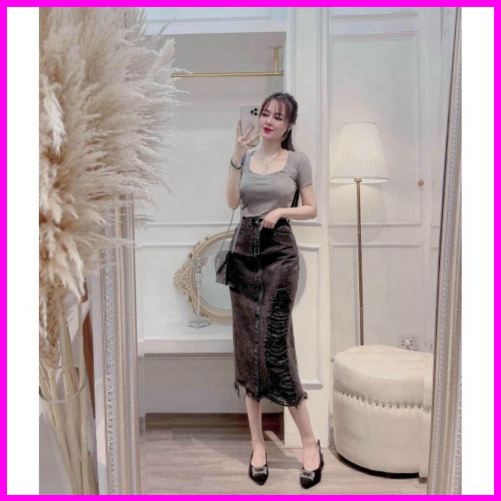 -- CHÂN VÁY BÒ🍀Chân váy jean dài mài rách cạp cao chuẩn phom dáng🍀Free ship