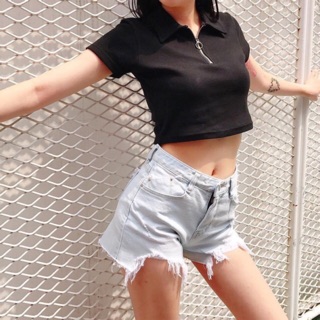 Áo croptop khoá thun co giản 2 màu : trắng , đen ( 53kg>>>chất đẹp như hình )