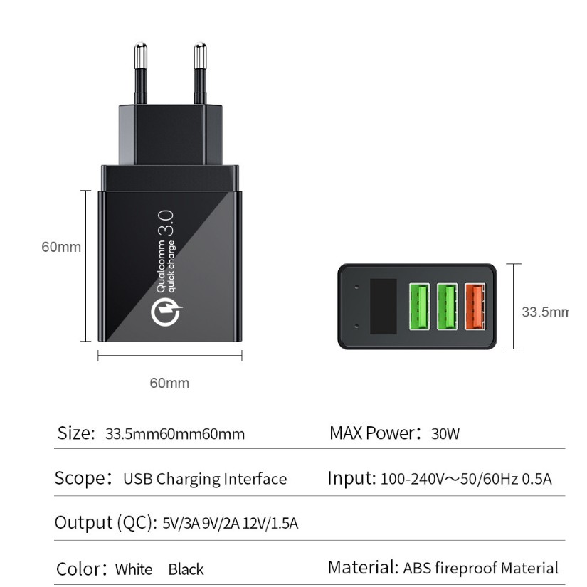 Củ sạc nhanh 3 cổng USB 3.0 hiển thị điện áp thông minh tiện lợi hàng xuất khẩu mỹ, châu âu, anh