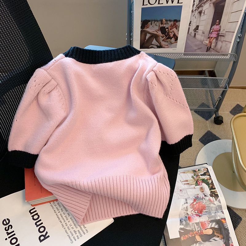 Áo Sweater Ngắn Tay Phồng Thêu Hoa Mẫu Mới 2022 Phong Cách Phương Tây