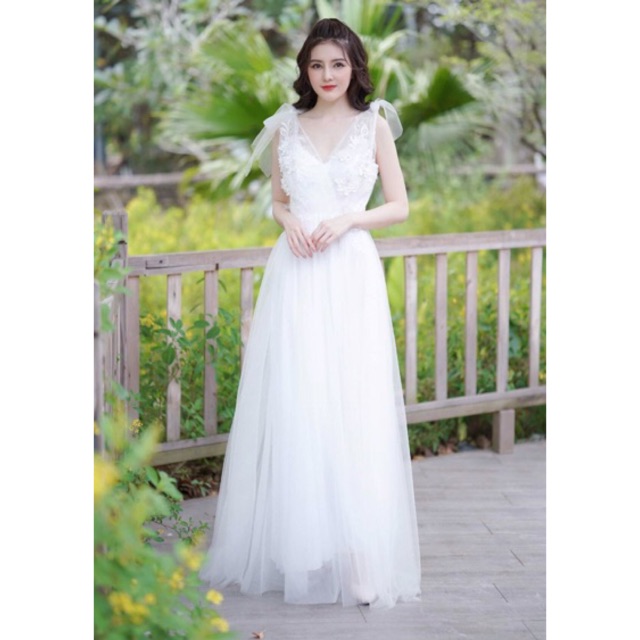 Đầm Maxi xoè 2 dây kết vai nơ SIÊU XINH và hoa ren nổi -MS78V- Size M/L đến 57kgMM MM