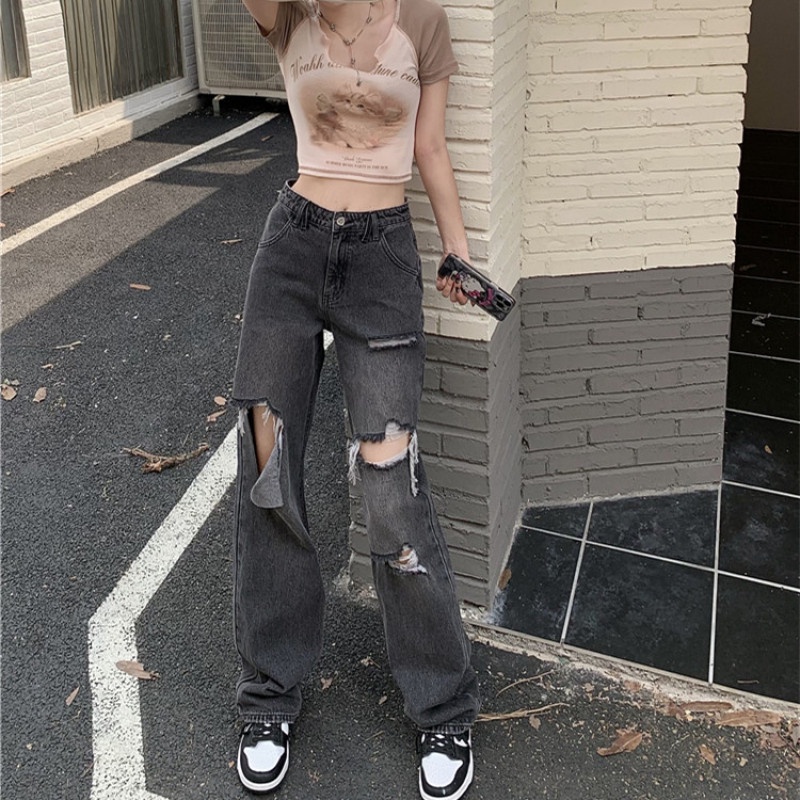 Quần Jean Nữ Ống Rộng Rách Gối Thời Trang