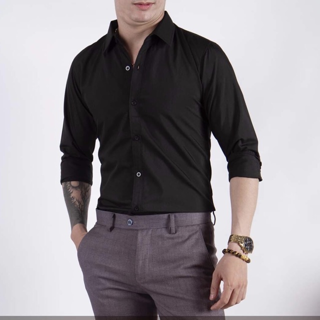 ÁO SƠMI NAM MÀU ĐEN DÀI TAY LỤA THÁI CAO CẤP CHỐNG NHĂN DÁNG ÔM-GH09 | BigBuy360 - bigbuy360.vn