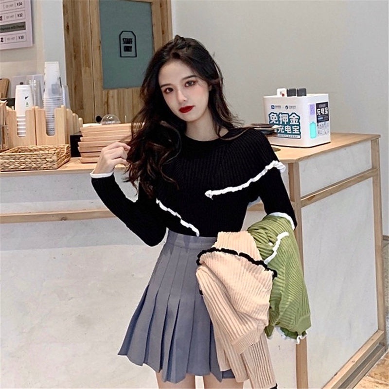 Áo crop top dệt kim tay dài cổ tròn màu trơn phong cách Hàn Quốc thời trang