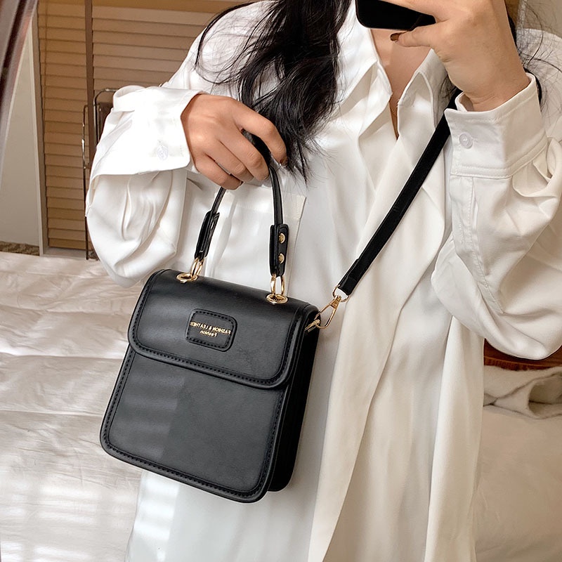 Túi đeo chéo nữ da trơn dáng hộp phong cách retro Alice Housee, túi đeo vai vintage dày bền