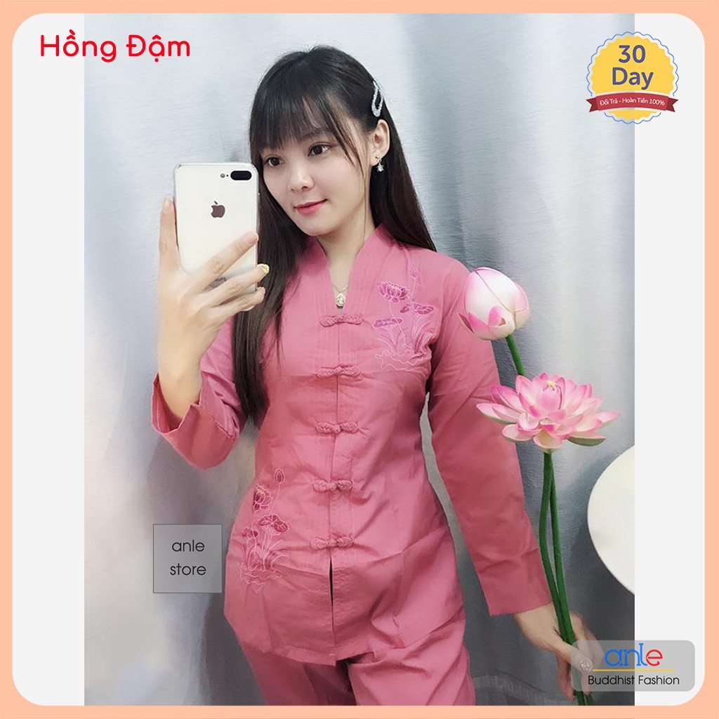 Bộ đồ lam đi chùa Bộ Bà Lai Cổ Tim Thêu sen Vải Kate Cotton Mịn Thấm hút Không nhăn  BBLT2AN - Anle Store