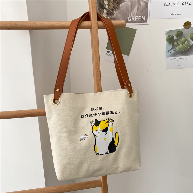 Túi đeo vai vải canvas sức chứa lớn họa tiết hoạt hình thời trang Hàn Quốc 2021