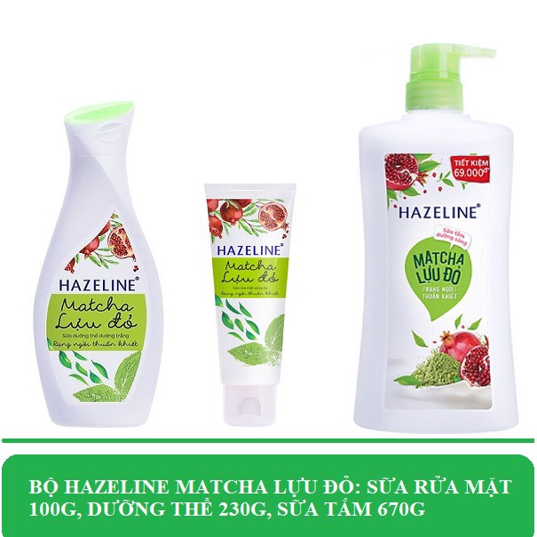 Bộ Hazeline Matcha Lựu Đỏ: Sữa Rửa Mặt 100g, Sữa Dưỡng Thể 230g, Sữa Tắm 670g