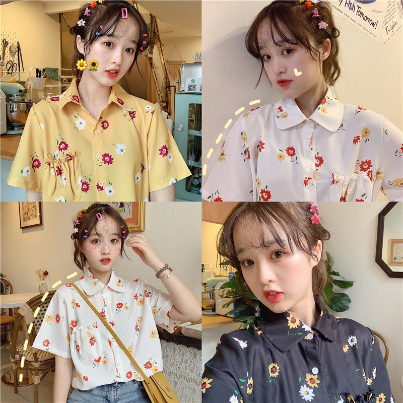 Áo kiểu chất Chiffon tay ngắn hoạ tiết hoa thiết kế cổ bẻ thanh lịch