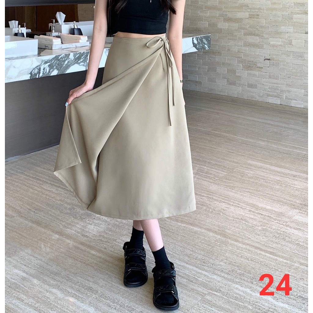 Chân váy nữ phong cách ulzzang lệch vạt cột nơ dáng dài