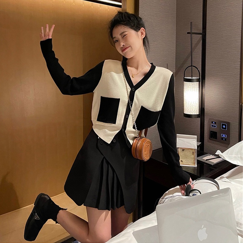 【ZHELIHANGFEI】Áo Cardigan Dệt Kim Tay Dài Cổ Chữ V Lưng Cao Thời Trang