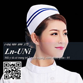 Mũ y tá đẹp loại cứng, trang trí 2 vạch ngang nằm chính giữa nẹp lật 01
