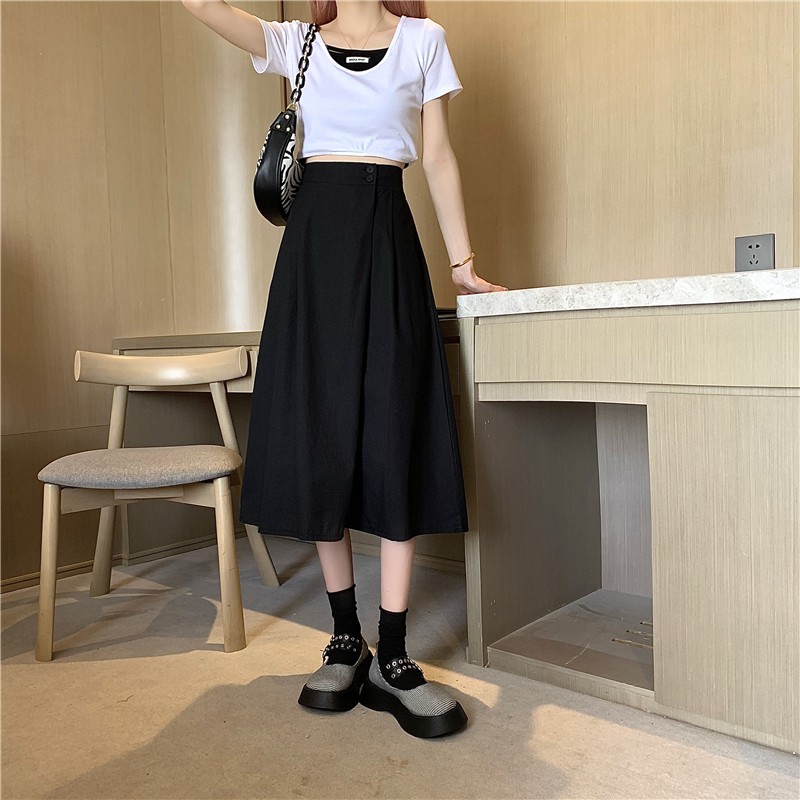 Xiaozhainv Korean high waist all-match pure color midi A-form skirt fashion women