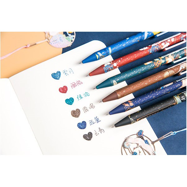 Set 6 bút bi nước kèm bookmark đánh dấu sách phong cách cổ đại retro bút học sinh sinh viên văn phòng sáng tạo nét đẹp