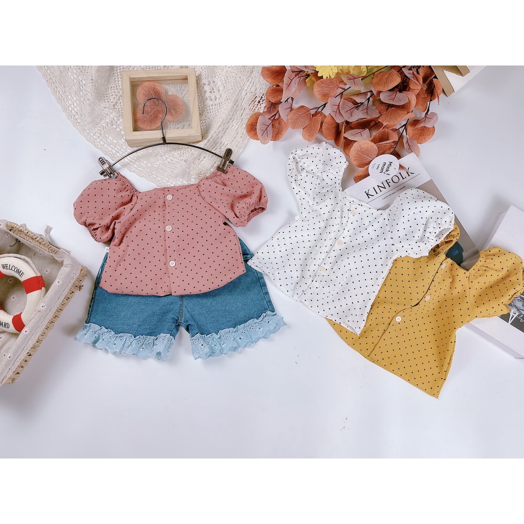 ✓ 8-18kg✓ set bộ bé gái minky mom áo chấm bi + quần jean xinh xắn