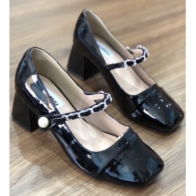 GIÀY CAO GÓT NỮ MI.U M.IU QUAI XÍCH PHỐI NGỌC GÓT VUÔNG 6 PHÂN