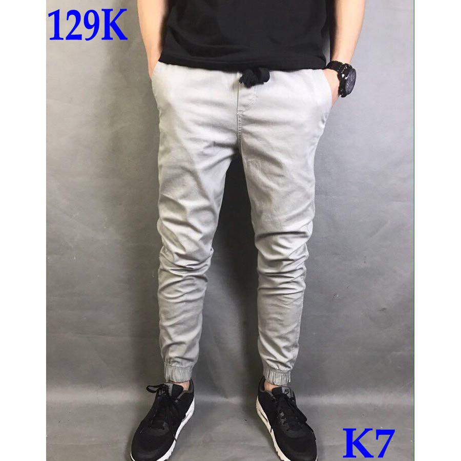 Quần jogger kaki co giản, khóa zip cá tính -xám