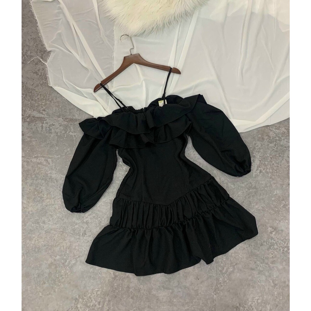 [ Miễn Phí Ship 2022 ] Đầm kate trễ vai hai tầng xếp ly cổ dây, đầm nữ kiểu dáng Hàn Quốc