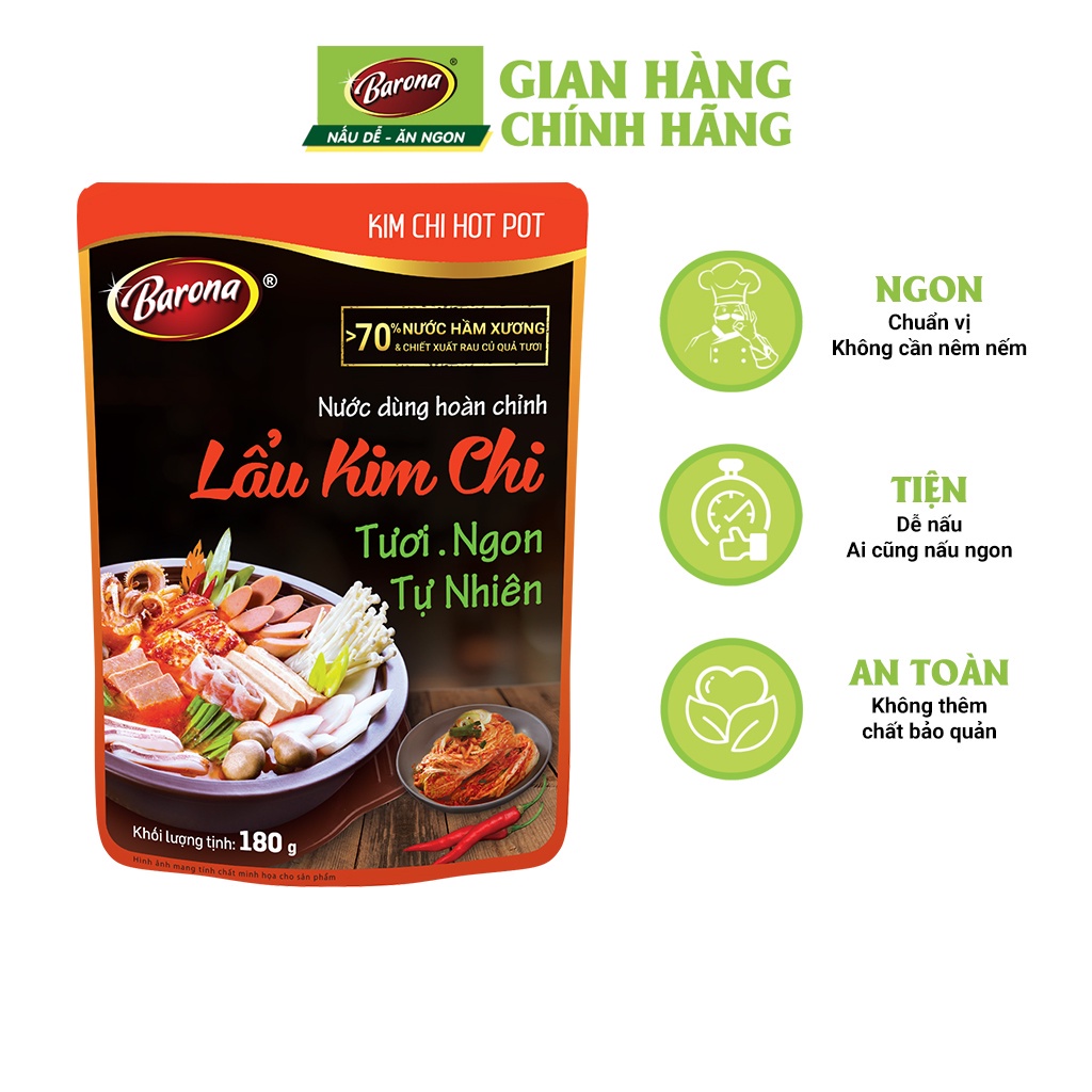 Nước Dùng Lẩu Kim Chi Barona 180g, combo 1 gói + 1 gói Gia Vị Nướng Hàn Quốc Barona 80g