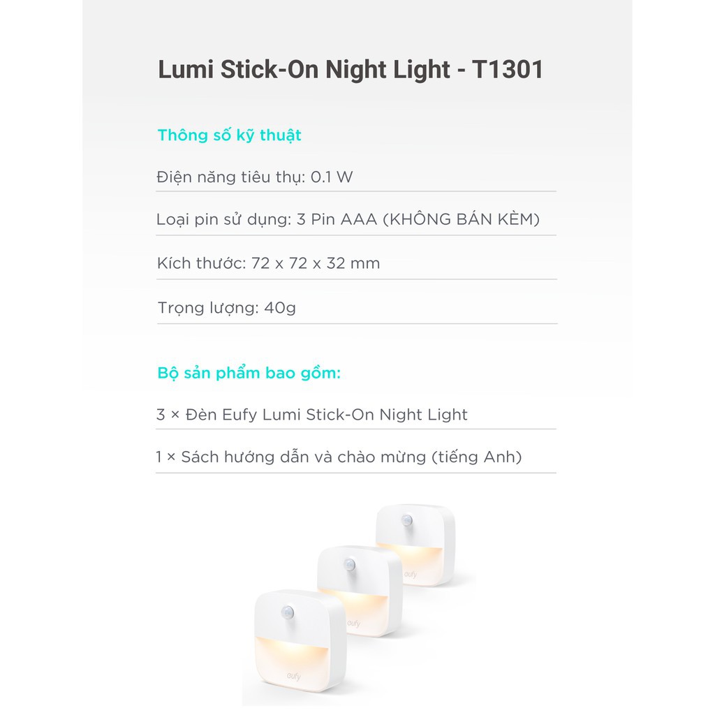 Bộ 3 đèn Eufy Lumi Stick-On Night Light, 0.1W - T1301