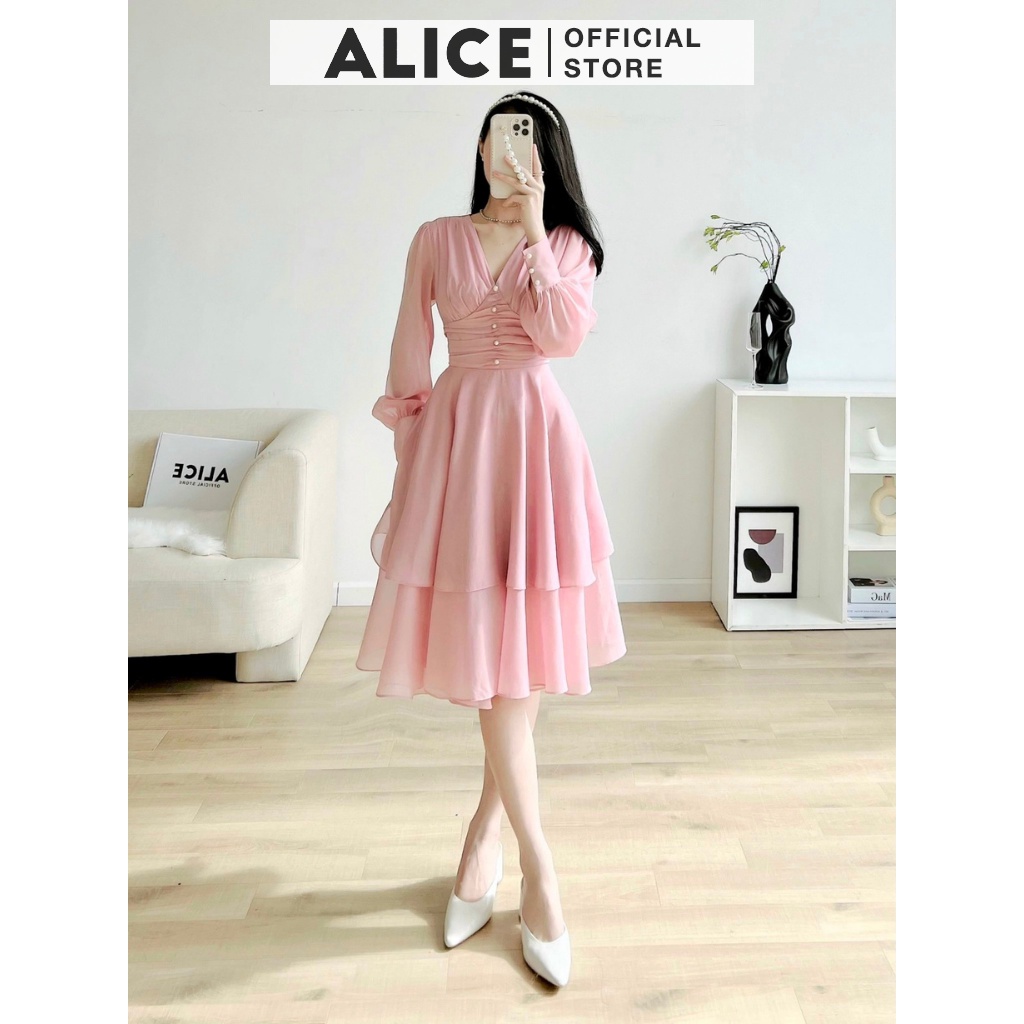Váy Dự Tiệc Cổ V ALICE Thiết Kế Chiết Ly Eo Tôn Dáng, Chất Liệu Tơ Lụa Ánh Nhũ Mềm Mịn Sang Trọng V767