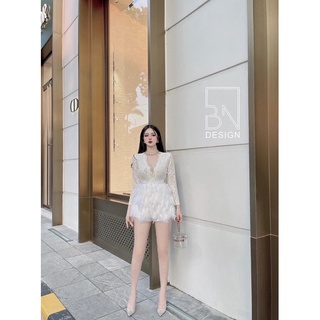 Đầm lông vũ phối ren dài tay