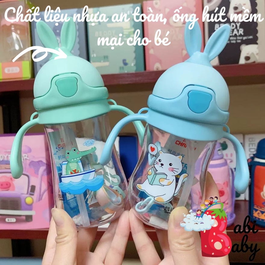 Bình nước cho bé chịu nhiệt có quai đeo nắp bật ống hút mềm mại cao cấp cute cho bé đi chơi đi học hình thỏ