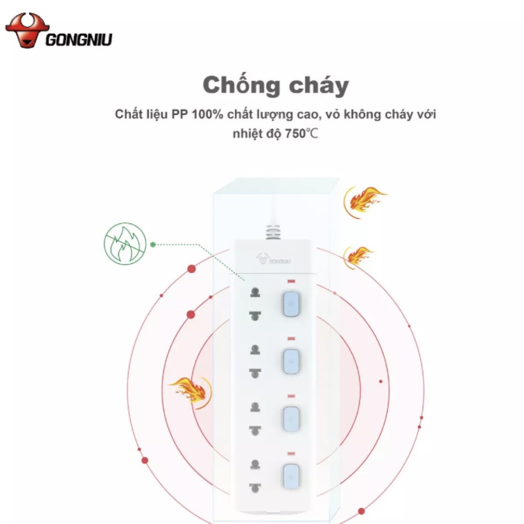 Ổ Cắm Điện GongNiu 4 Ổ 4 Công tắc Điều khiển 2500W/10A (V3040) Dây Nối Dài 3 Mét Đa năng nhiều ổ