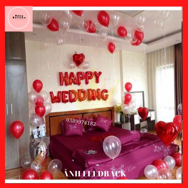 TRANG TRÍ PHÒNG CƯỚI - Tặng 100 cánh hoa hồng giả  ❤️FREESHIP❤️ Set bong bóng trang trí đám cưới phòng tân hôn đỏ c5