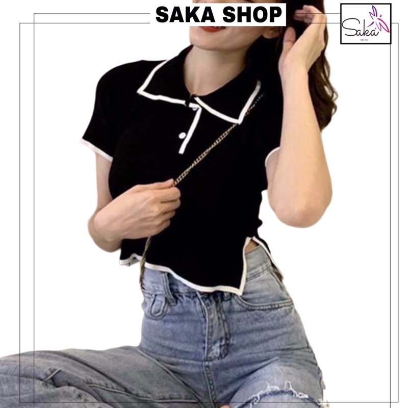 Áo croptop nữ thun cổ sơ mi phối nút dễ thương nhiều màu