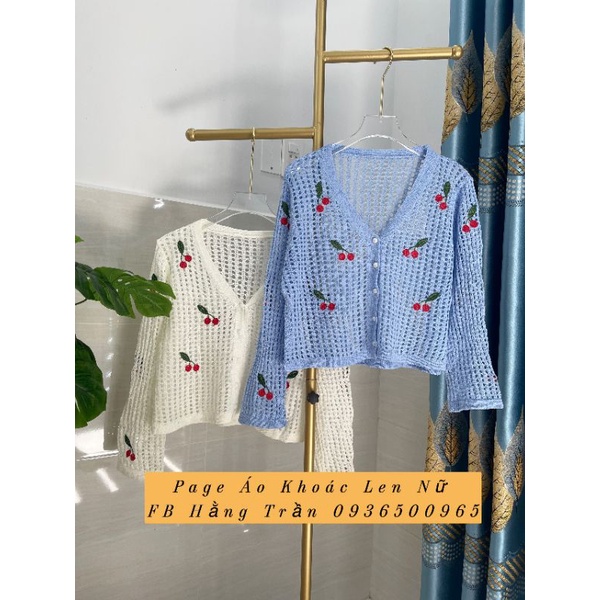 Áo khoác len mỏng cổ tim thêu cherry cút ngọc.
