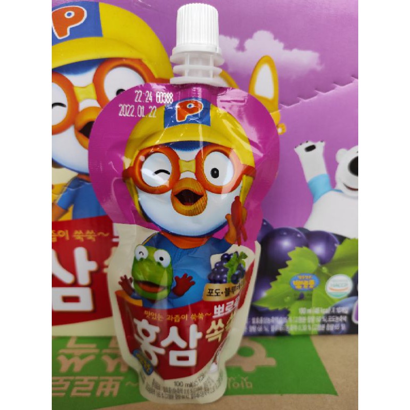 Hộp 10 túi Nước uống Pororo Hồng sâm vị nho và việt quất/Táo và mơ/ vị cam (10 túix100ml)