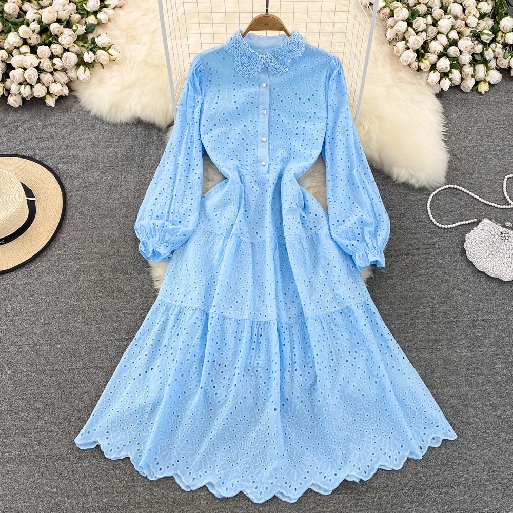 Mùa thu cổ điển ve hoa eo một đường xẻ ngực trang phục thanh lịch tính khí đầm xòe lớn